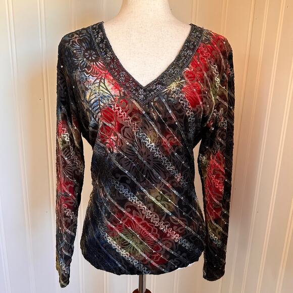 Vintage 90s/Y2K Boho Burnt Velvet Top M - Picture 2 of 8